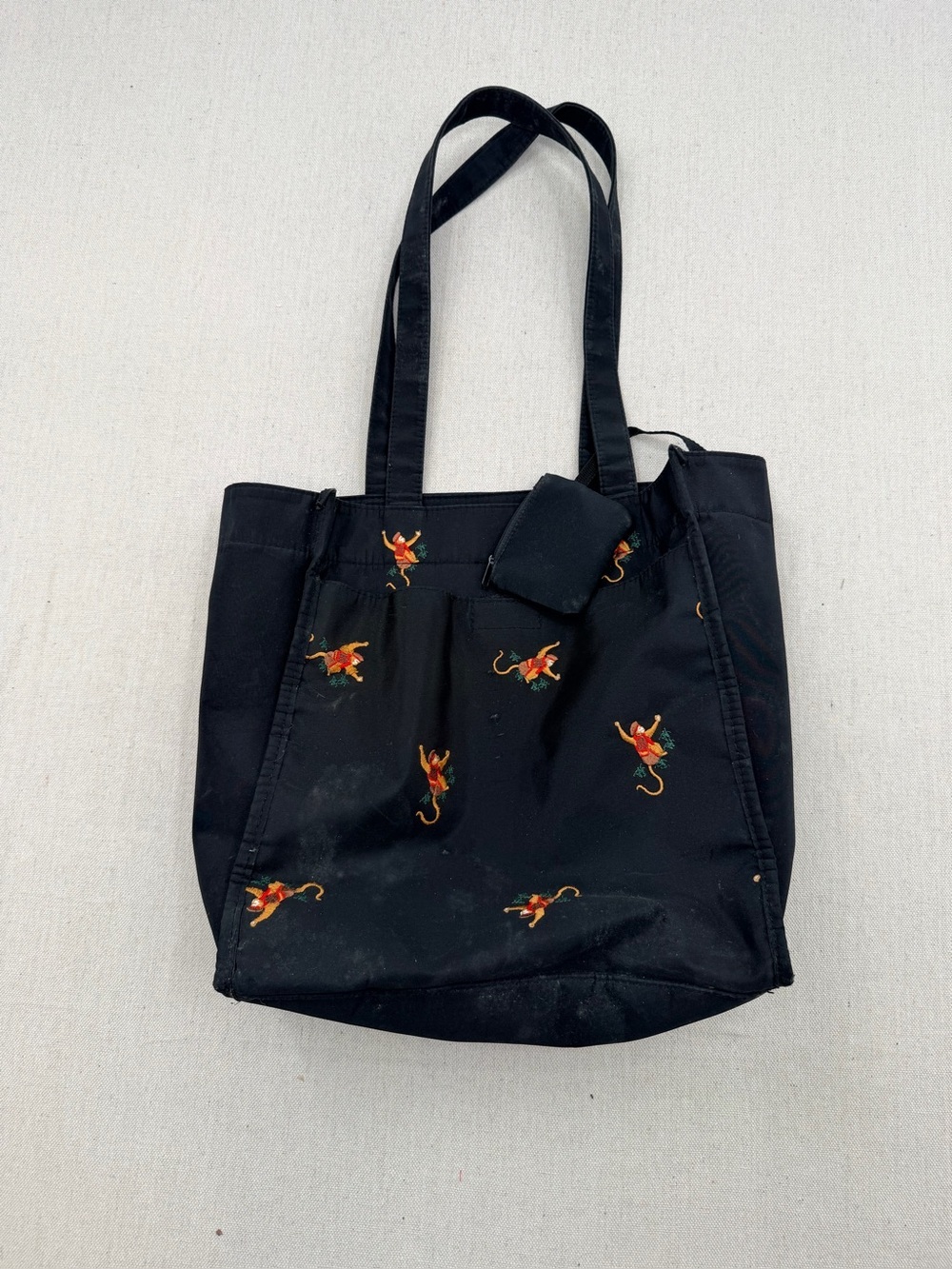Black Embroidered Tote Bag with Floral Monkey Motif